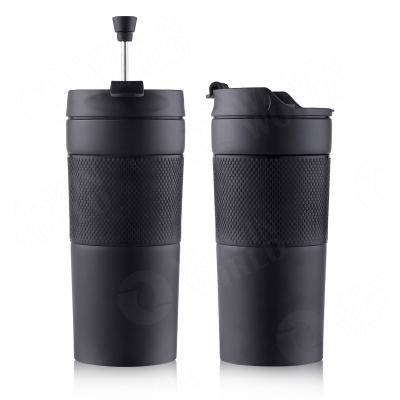 China 350ml Stainless Steel Travel Press Coffee and Tea Viable French Press Coffee Mug 350ml with Silicone Sleeve for sale