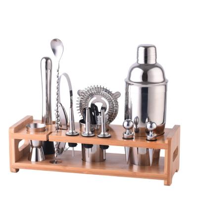 China Cocktail Shaker Set Professional Barware Tools Kit Bar Accessories Jigger Cocktail Shaker Set Wooden Stand Stainless Steel Customized Logo for sale