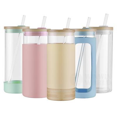 China Iced Coffee Cup Viable Glass Silicone Tea Tumbler 21oz Sleeve Protective Water Bottle with Straw and Lid, Wide Mouth Smoothie Tumblers for sale