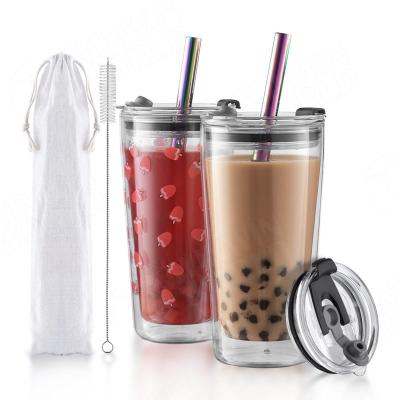 China Sustainable Borosilicate Glass Boba Tea Bottles Double Wall Bottle Custom Boba Cups Reusable For Boba Tea With Lid And Straw for sale