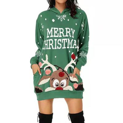 China 2022 Anti-Wrinkle New Amazon Fashion Women Christmas Printed Long Sleeve Loose Dress Custom Casual Pocket Hoodie Sweatshirt for sale