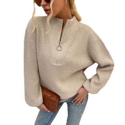 China Breathable Custom Knitwear Ladies Fashion Casual Knit Top V-Neckline Hot Sale Wholesale Zipper Knitted Long Lantern Sleeve Women Sweater for sale