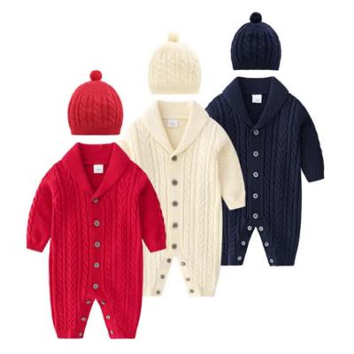 China 2022 Newborn Baby Shawl Collar Cotton Yarn Winter Thickening Anti-Shrinkage Girls Boys Knit Front Button Cardigan Jumpsuit for sale