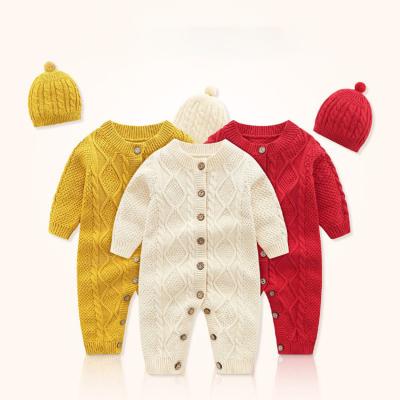 China Winter Men's And Women's Baby Single Breasted Anti-Shrink Solid Color Knitted Jumpsuit + Knitted Hat Set for sale