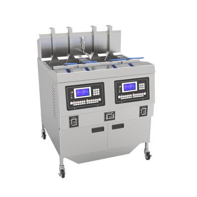 China Two Pots Four Baskets Gas Heating Chips Open Deep Fryer With Oil Filtration for sale