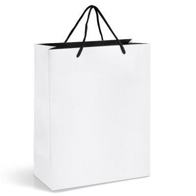 China OEM Recyclable Kraft Paper Black Printing White Shopping Paper Bag With Paper Handle for sale