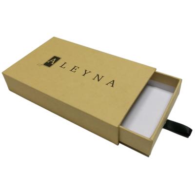 China Recyclable Custom Black Printing Brown Kraft Paper Jewelry Box Drawer Pull With Ribbon for sale