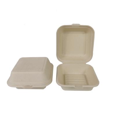 China Biodegradable Food Packaging Bagasse 6x6 Inch Burger Box Sugar Cane Pulp Clamshell Container for sale