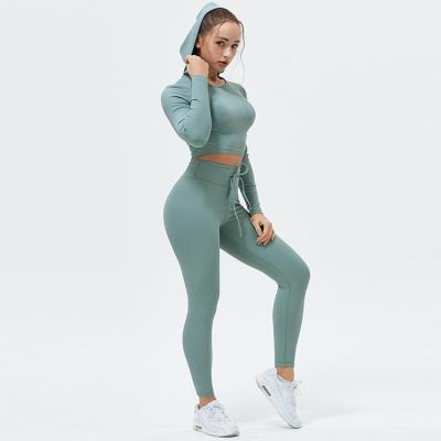 China Custom High Quality Fitness Women's Yoga Sets Green Drawstring Suits Yoga Wear Gym Wear Hoodies Autumn Logo Fall Yoga Set Breathable Activewear for sale