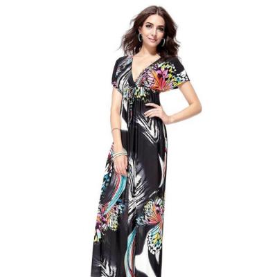 China Bat Wing Anti-Static Women's Clothing Sheath V-Neckline Plus Size Floral Print Maxi Beach Dress for sale