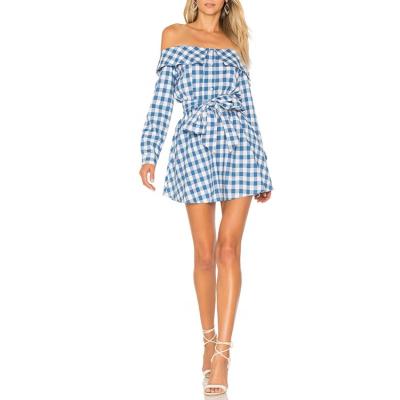 China Plaid Printing Summer Fashion Mini Off Shoulder Dress For Anti-Static Custom Women for sale