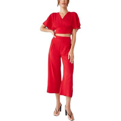 China Anti-Static Women Clothing Fashion Casual Red Solid Cropped Tops Ankle Pants Two Piece Set for sale