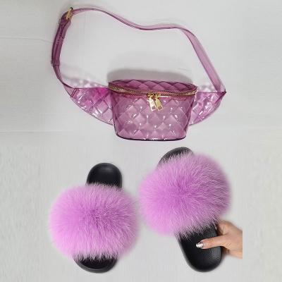 China Low price fashion ladies fur plush lightweight slippers freeze shoulder bag wallet set wholesake fur slippers purse set for sale