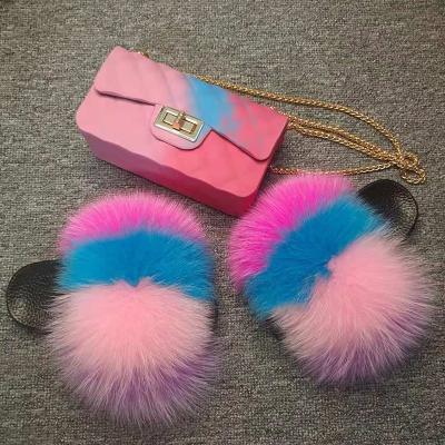 China Wholesale Lightweight Female Jelly Bag Low Price Children's Messenger Pussy Bag Children's Colorful Fur Slipper Set for sale