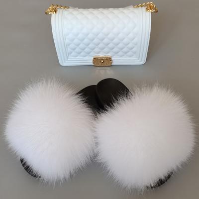 China Fashion Ladies Fur Lightweight Hot Selling Slippers Matching Jelly Shoulder Bag Wallet And Fur Slippers for sale