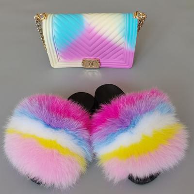 China Wholesale Custom Made Lightweight Jelly Bag Women Shoulder Messenger Bag Multicolor Fur Slippers Set for sale