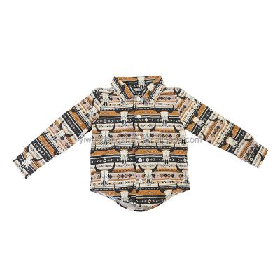 China Breathable High Quality Cow Print Longhorn Vintage Aztec Baby Boy Baby Boy Shirts Long Sleeve Casual Turndown Tops Collar Button Tops for sale