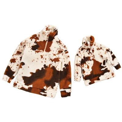 China Custom Breathable Plush Mama and Me Brown Scare Teddy Fleece Sherpa Pullover Stand Collar Tops for Women Baby for sale