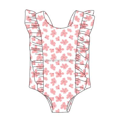 China Breathable Summer Nine Piece Swimwear Kids Girls Ruffle Swimwear For Flower Print Water Sports Wear for sale