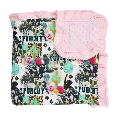 China Wholesale Folded Western Style Cattle Cactus Printed Winter Bubble Fleece Wrapped Newborn Blanket Kids Baby Blanket With Pink Ruffle for sale