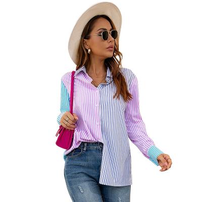 China Fashion Casual Anti-Wrinkle Lady Blouses Shirts Women's Stripe Patchwork Long Sleeves Blouse Shirt for sale