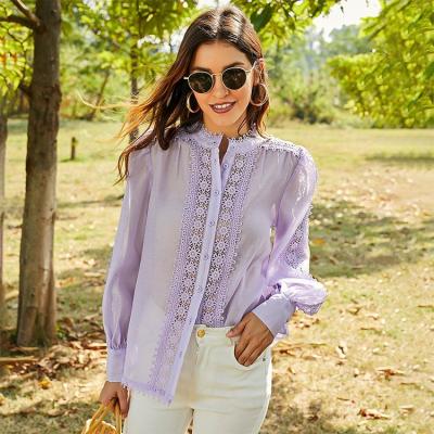 China Wholesale Fashion Breathable Hollow Out White Solid Organza Lace Long Sleeve Women's Blouses Shirts for sale