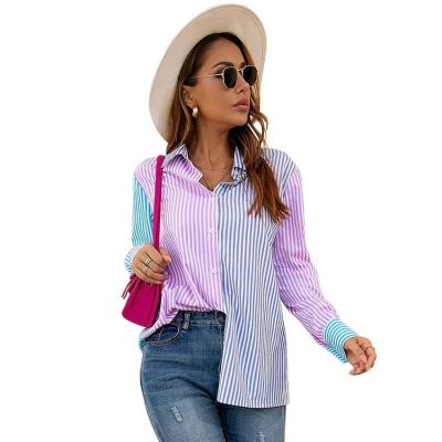 China Anti-pilling new arrive oversized cardigan shirts autumn women striped long sleeve splice color shirts for ladies for sale