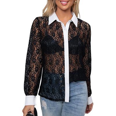 China Breathable Customized Women Clothing Long Sleeved Lace Blouses For Ladies Turn Down Collar Women Blouses for sale