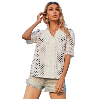 China New sexy sweet stitching V-neck shirt short sleeves cross woven lace cuffs sweater anti-pilling summer dress for sale