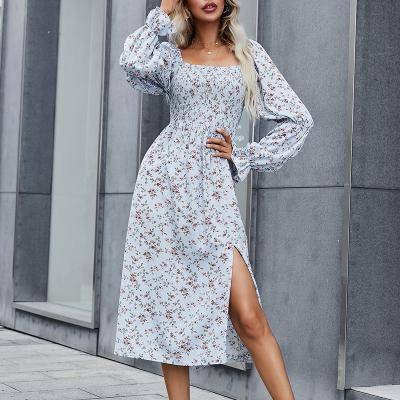 China Breathable Customize Long Sleeves Dresses Ruffled Women Casual Dress Side Split A Line Maxi Dresses for sale