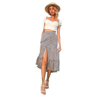 China Anti-Static High Quality Women's Summer Plaid Pleat High Waist Split Fashion Casual Skirt for sale