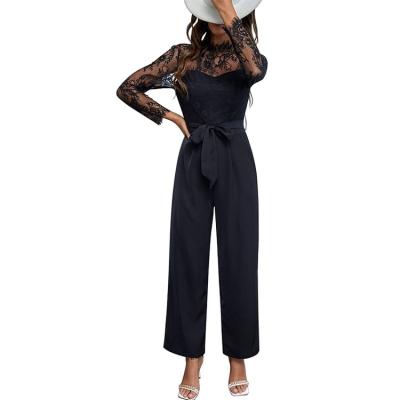 China Breathable Sexy Perspective Lace Up Mesh High Waist Slim Long Sleeve Jumpsuit For Women for sale