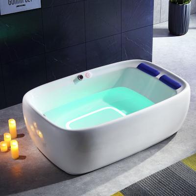 China Elegant Apprearance Factory Sell White Acrylic Freestanding Bathtub Bubble Jacuzzi 2 Person Bathtub With Panel Pillow And Massage for sale