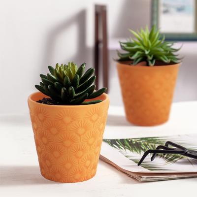 China wholesale Modern Red Pottery Embossed Creative Simple Succulent Retro Absorbent Flower Pot Plant Breathable Potting for sale