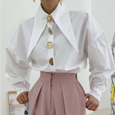 China Anti-pilling spring elegance headed collar chic single-row buttoned loose lantern sleeve shirt tops for women for sale