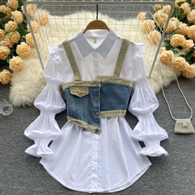 China Anti-pilling irregularly-breasted denim suspenders outside wear temperament loose mid-length white shirt lapel two-piece set for sale