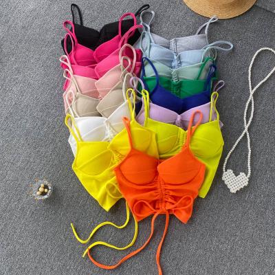 China Women Breathable Drawstring Strap Crop Tops Sexy Sleeveless V-Neckline Y2K Thin Main Korean 2022 Summer Off The Shoulder Short Camisole for sale