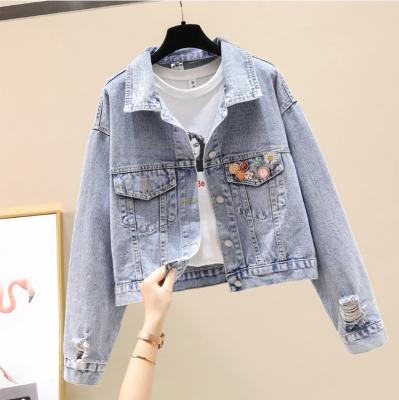 China Blue Loose Windproof Denim Jacket Lapel Shorts Lapel Spring Spring Sleeve Long Sleeve Denim Coat For Women for sale