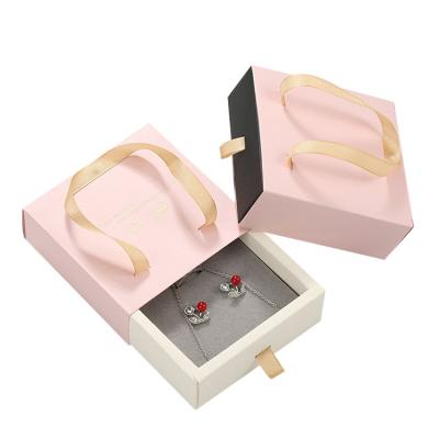 China Drawer Jewelry Paper Luxury Packaging Slider Recyclable Pink Sliding Cute Paper Gift Box With Handle For Necklace Jewelry Package Box for sale