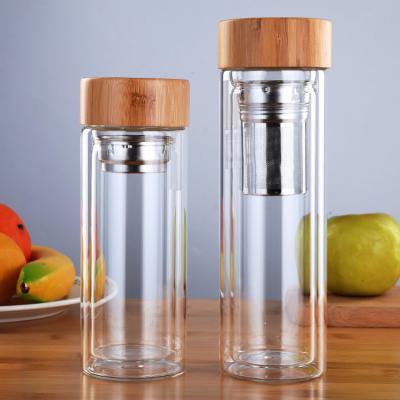 China Double Wall Glass Tea Infuser Promotional Custom Water Bottle Bamboo Lid for sale