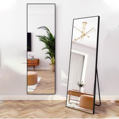 China Modern Aluminum Matte Black Frame Rectangular Dressing Full Length Floor Standing Mirror with Tempered Glass for Living Room for sale