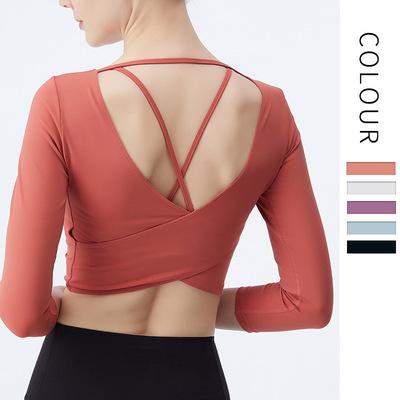 China Wholesale Breathable Net Red Cross Back Cross New Yoga Sports Long Sleeve Sports Fitness T-shirt Thin Women With Bra for sale