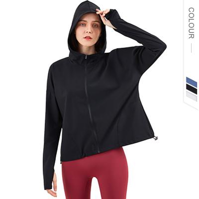 China 2021 New Yoga Gym Coat Breathable Casual Top Loose Running Jacket Zipper Windproof Fitness Jacket Hooded Suit Women for sale