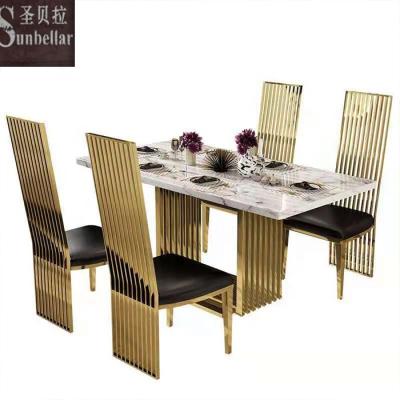 China Easy Clean Modern Luxury Home Dining Tables With Chairs Gold Stainless Steel Table Set With 6 Chairs Dining Table Metal Marble Chairs for sale