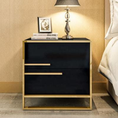 China 2021 Storage Metal Frame Bedroom Furniture Wooden Nightstand Table Bedside Table With Two Drawers Modern Cabinet for sale