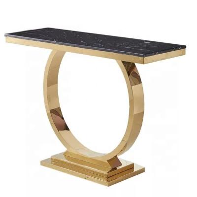 China Modern luxury modern black marble console table gold stainless steel bracket ring shape decoration side table living room sofa black marble table for sale