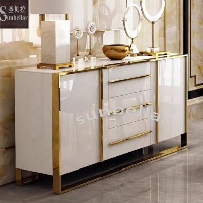 China Beautiful Finish Modern Luxury Gold Stainless Steel Frame Living Room Sideboards Cabinet Wooden Buffets Dining Room Cabinet Storage for sale