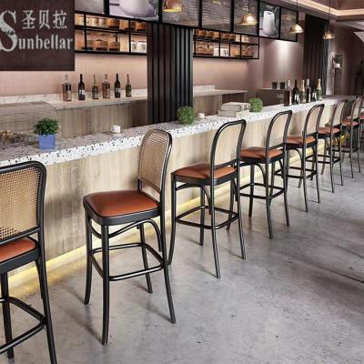 China Newest Modern Nordic Modern Bar Chair Wooden Leather Seat Rattan Webbing Cane Backrest Cafe Restaurant Project Dining Chair for sale