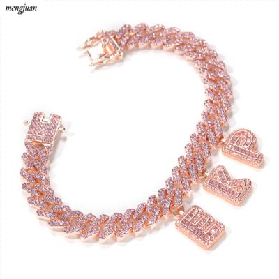 China Hiphop Zhejiang Rose Gold Cuban Chain Baguette Initial Letter Charms Anklets Women Bracelet Anklet Chain With Letters for sale