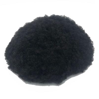 China Remy Hair High Density Adhesive Afro Curl PU Lace Hair Replacement System Toupee for Black Men for sale